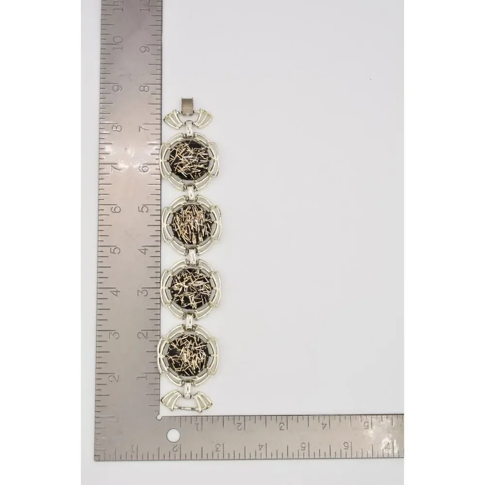 Tara Vintage Lucite Bracelet Chain Chunky Confetti Metallic Silver Signed Bin2